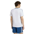 Rear view of a man in a white t-shirt with blue trim and blue striped athletic shorts against a black background.