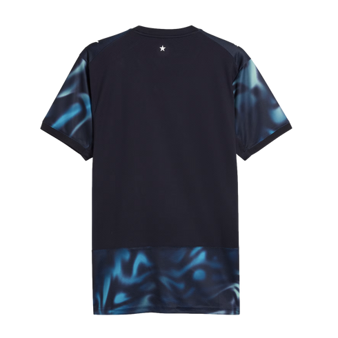 Back view of a navy t-shirt with blue abstract patterns on the sleeves and bottom hem, and a small white star on the upper back.