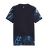 Back view of a navy t-shirt with blue abstract patterns on the sleeves and bottom hem, and a small white star on the upper back.
