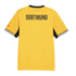 Back view of a yellow Borussia Dortmund jersey with "DORTMUND" in large black letters, black and white striped sleeve cuffs, and a subtle geometric pattern.