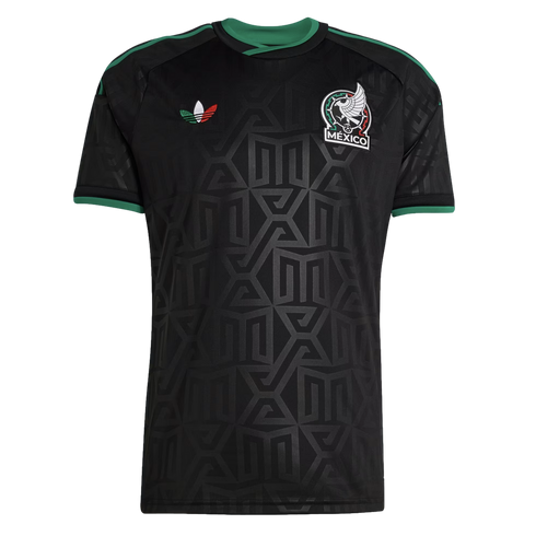 Black Mexico national team jersey with green trim, a tonal geometric pattern, a tricolor Adidas trefoil, and the official federation crest.