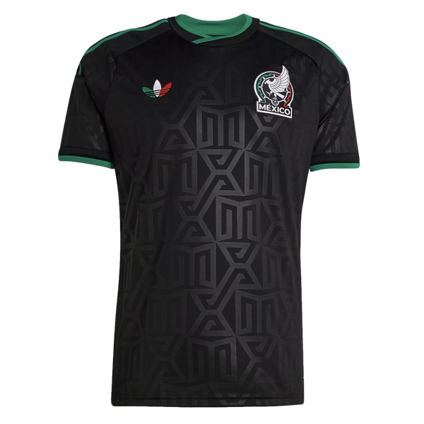 Black Mexico national team jersey with green trim, a tonal geometric pattern, a tricolor Adidas trefoil, and the official federation crest.