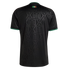Back view of a black jersey with a tonal geometric pattern, green trim on the collar and sleeve cuffs, and a small Mexico logo on the upper back.