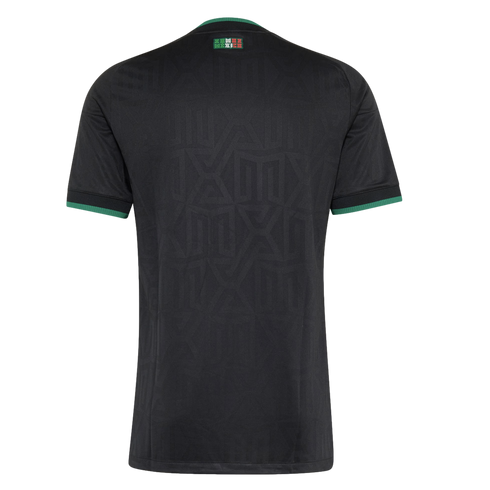 Back of a black jersey featuring a tonal geometric pattern, green trim on sleeves and collar, and a small "MEXICO" logo at the top center.