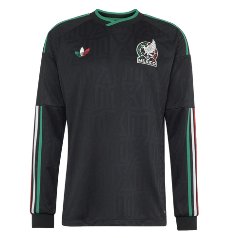 Long-sleeved black Adidas Mexico soccer jersey with a subtle pattern, national team crest, and green, white, and red accents on the collar and sleeves.