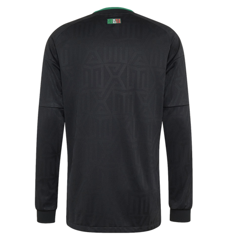 Back view of a black long-sleeved jersey featuring a subtle tonal geometric pattern and a small Mexico logo on the upper back neck area.