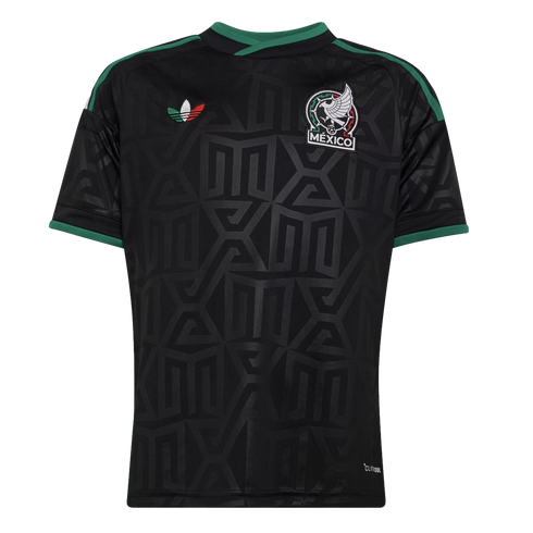 Black Mexico national team soccer jersey with a tonal Aztec geometric pattern, green trim, the team crest, and a tricolor Adidas Trefoil logo.