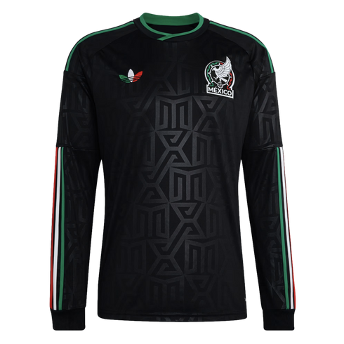 Black long-sleeved Mexico national team soccer jersey with an embossed geometric pattern, team crest, and tricolor accents on the sleeves and brand logo.