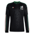 Black long-sleeved Mexico national team soccer jersey with an embossed geometric pattern, team crest, and tricolor accents on the sleeves and brand logo.