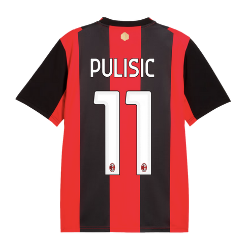 Back view of a red and black vertical-striped AC Milan soccer jersey, featuring the name "PULISIC" and the number "11" printed in white.