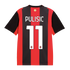 Back view of a red and black vertical-striped AC Milan soccer jersey, featuring the name "PULISIC" and the number "11" printed in white.