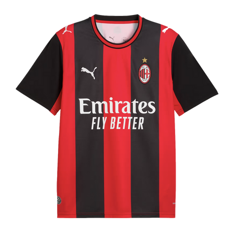 Red and black striped AC Milan home football jersey featuring the Puma logo, club crest, and white Emirates Fly Better sponsor logo.