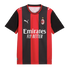 Red and black striped AC Milan home football jersey featuring the Puma logo, club crest, and white Emirates Fly Better sponsor logo.
