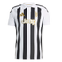 Juventus home soccer jersey with black and white vertical stripes, a white polo collar, and gold Adidas, Juventus crest, and Jeep sponsor logos.