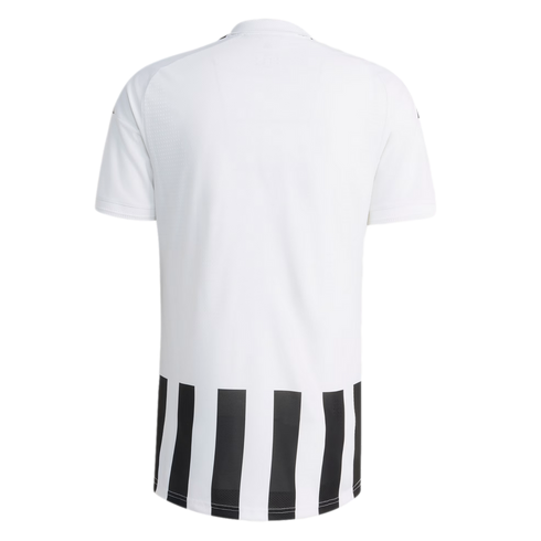 Back view of a white short-sleeved jersey featuring vertical black and white stripes along the bottom hem, centered against a white background.