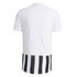 Back view of a white short-sleeved jersey featuring vertical black and white stripes along the bottom hem, centered against a white background.