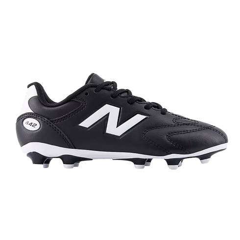 A profile view of a black New Balance 442 soccer cleat with a prominent white "N" logo and a white sole with studs.