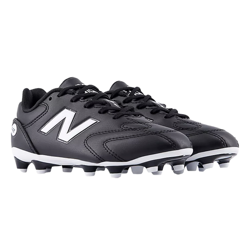 A pair of black New Balance soccer cleats with a white "N" logo and studded soles, displayed against a white background.