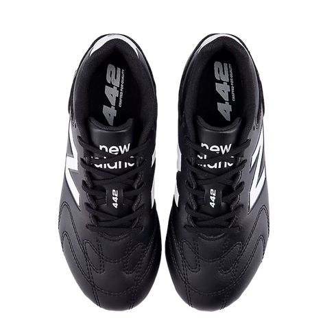 A top-down view of black New Balance 442 soccer cleats with white branding on a plain white background.
