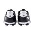 Rear view of two black and white New Balance 442 soccer cleats, showing the heel counters and molded studs.
