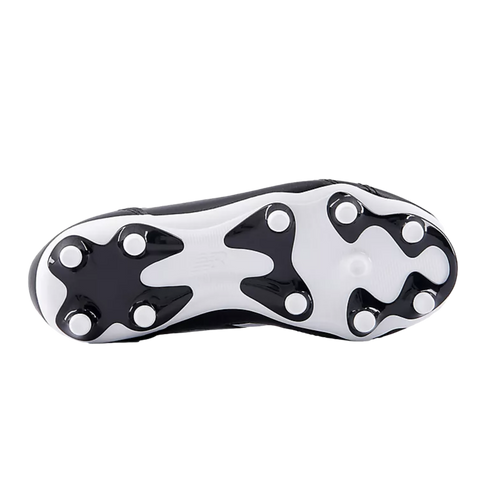 Bottom view of a soccer cleat showing white circular studs on a black and white soleplate.