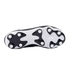 Bottom view of a soccer cleat showing white circular studs on a black and white soleplate.