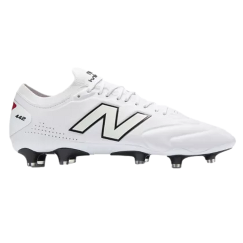 Side view of a white New Balance 442 soccer cleat with a prominent black "N" logo and black-and-silver studs.