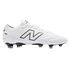 Side view of a white New Balance 442 soccer cleat with a prominent black "N" logo and black-and-silver studs.
