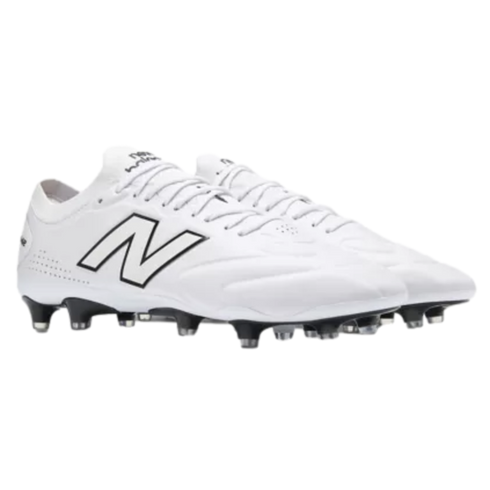 A pair of white New Balance soccer cleats with a black "N" logo and a studded soleplate.