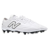 A pair of white New Balance soccer cleats with a black "N" logo and a studded soleplate.