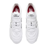 Top-down view of white New Balance athletic shoes with white laces and black logo accents.
