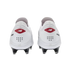 Rear view of white New Balance 442 soccer cleats featuring a red logo on the heels and black studs.