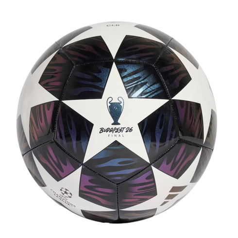 White soccer ball with iridescent, wavy-patterned star panels. A central star displays the UEFA Champions League trophy and "BUDAPEST 26 FINAL" text.