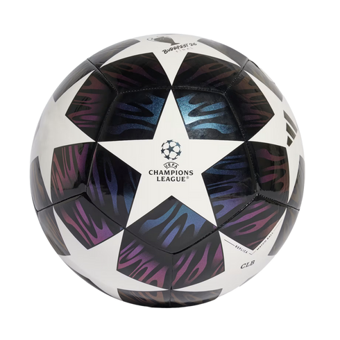 An Adidas UEFA Champions League Budapest 26 final replica football featuring white star panels and iridescent purple and blue patterns on a white background.