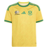 A yellow South Africa national football jersey with green trim, featuring a sublimated hatched pattern, the Adidas logo, SAFA logo, and national team crest.