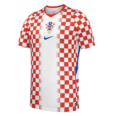A Nike-branded Croatia home soccer jersey featuring a red and white checkered pattern on the sides and sleeves with a white central panel, HNS crest, and blue swoosh.