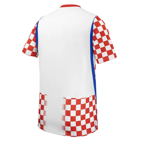 Back view of a white sports jersey featuring red and white checkered sleeves and hem, with thin blue vertical stripes along the sides.