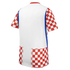 Back view of a white sports jersey featuring red and white checkered sleeves and hem, with thin blue vertical stripes along the sides.