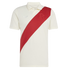 Off-white short-sleeve Adidas polo shirt featuring a prominent red diagonal sash and an embroidered monogram crest.