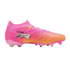 A pink and orange Puma Future soccer cleat with a textured upper and translucent studs, shown from the side against a white background.