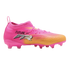 A side profile of a Puma Future soccer cleat with a pink-to-orange gradient upper, pink studs, and black and white "FUTURE FTR" branding on a white background.