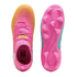 Top and bottom views of a Puma soccer cleat in vibrant pink and orange with blue accents. Features a textured upper, pink laces, and a bright pink studded outsole.