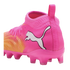 A bright pink and orange Puma soccer cleat with a white logo and a sock-like ankle collar.