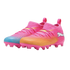A pair of bright pink Puma soccer cleats with blue and orange gradients, pink studs, and white logos, isolated on a white background.
