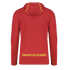 Back of a red hoodie featuring yellow text reading "¡SÍGANME LOS BUENOS!" at the bottom. The hood has two thin yellow lines resembling antennae.