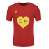 Red short-sleeved t-shirt with a yellow heart on the chest featuring red letters "CH". A small yellow logo is on the upper chest.