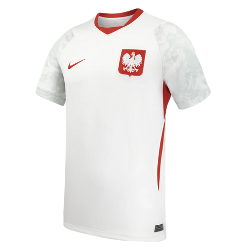 White Nike Poland national soccer jersey with red v-neck and side stripes. Features a red swoosh and centered eagle crest, with a subtle grey pattern on the sleeves.