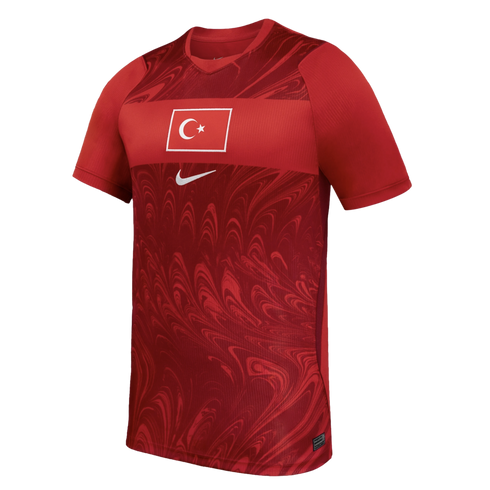 Red Nike Turkey soccer jersey with a marbled pattern, featuring the Turkish flag and white swoosh on the chest.