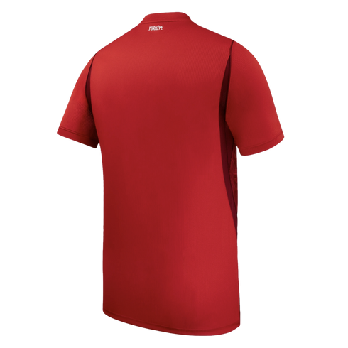 Back view of a red Türkiye sports jersey with white "TÜRKİYE" text at the neck and dark red side panels.