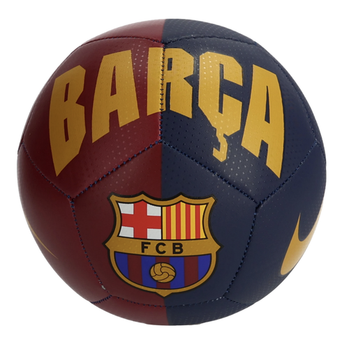 Maroon and navy FC Barcelona soccer ball featuring the club crest, large gold 'BARÇA' text, and a Nike swoosh.